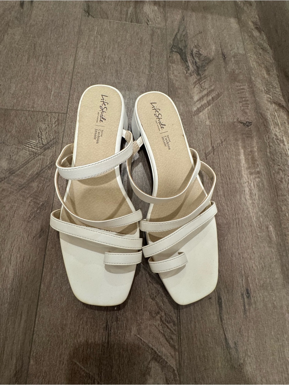 Life Stride White Strappy Low Block Heel Sandals